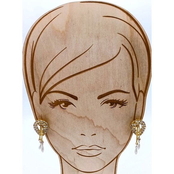 Crystal Earrings with Chain and Pearl Teardrop Dangles, Gold Tone Clip Ons - Picture 3 of 4